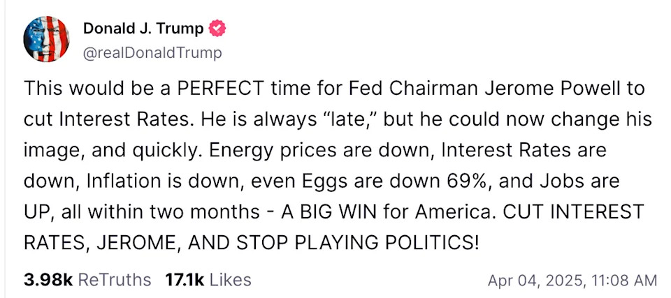 Trump says 'perfect time' for Powell to cut rates as markets plummet after shocking tariff announcements
